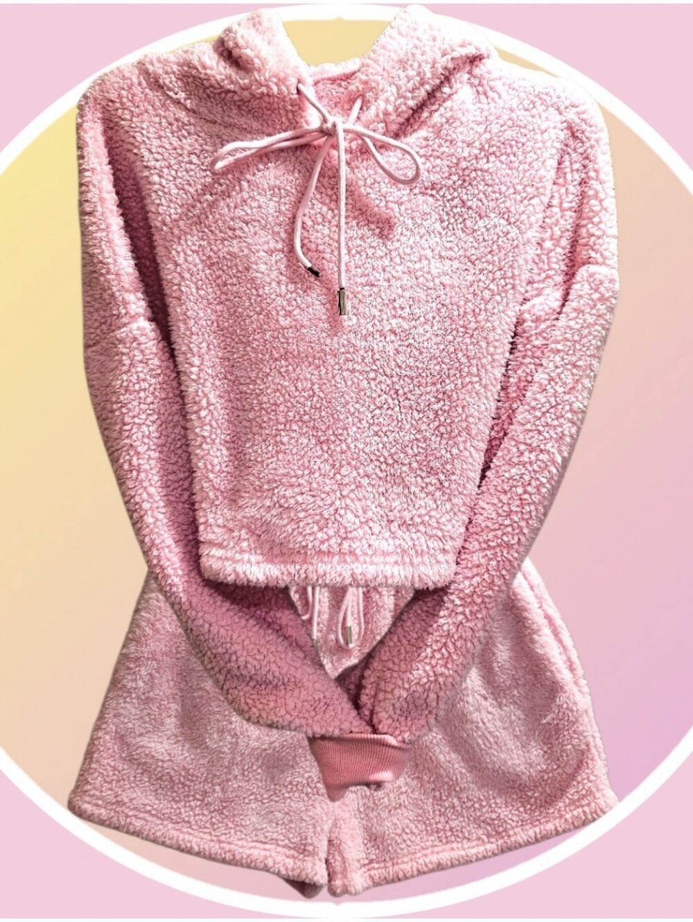 NWOT 2 Piece Sherpa Cropped Hoodie w Shorts Drawstring Hood & Waistband Large